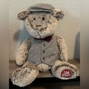 2014 Animal Adventures I Am Loved Teddy Bear Plush Gray Red Bowtie Backpack 17"